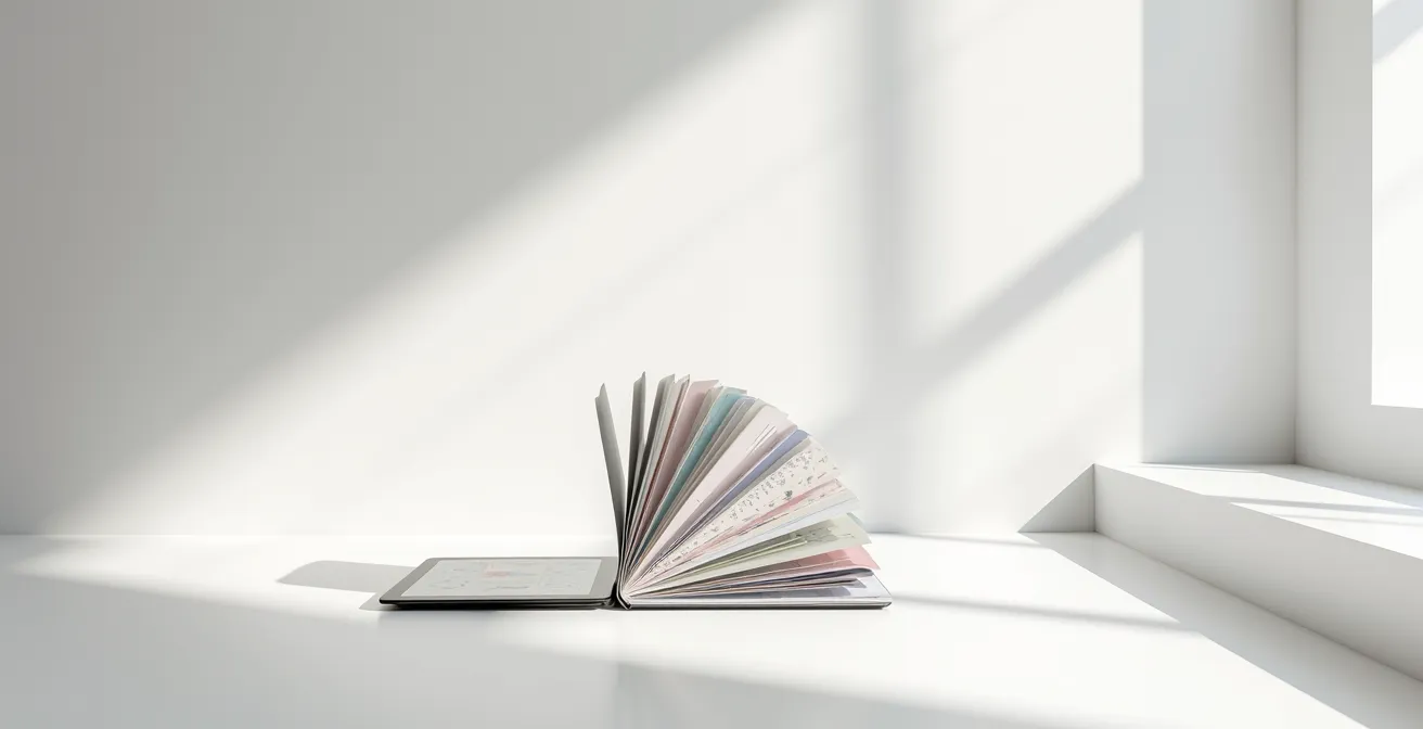 Espace de travail épuré montrant l'intégration harmonieuse print et digital