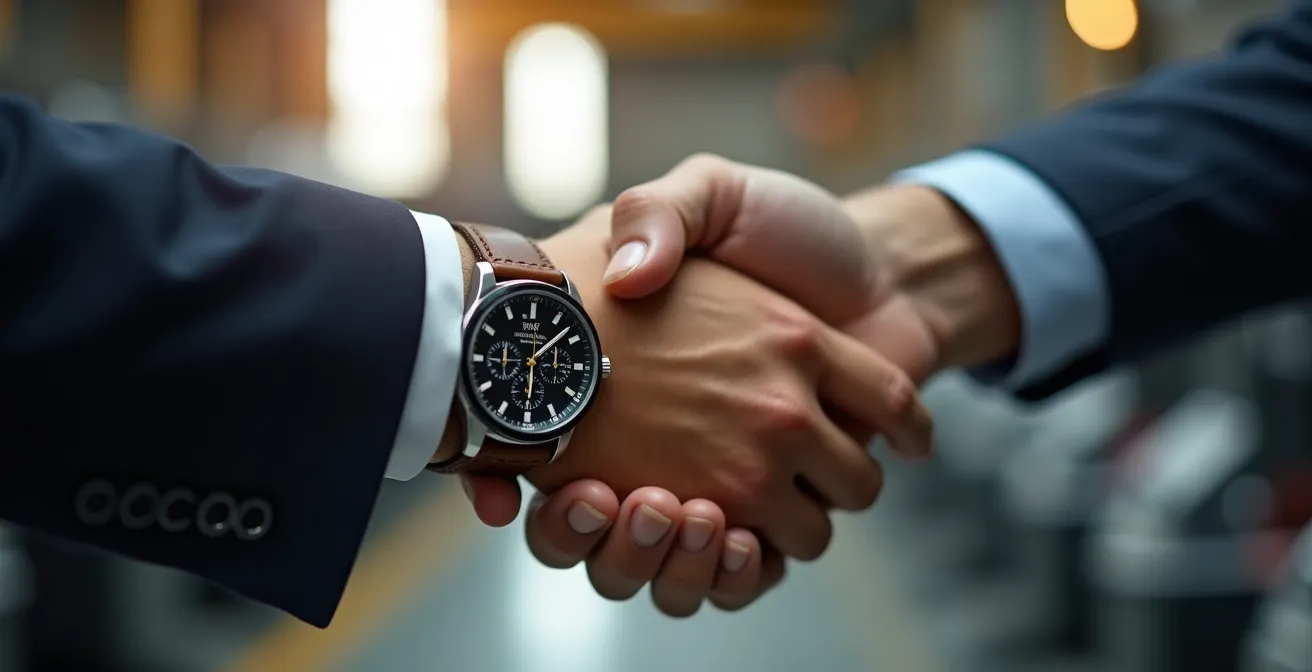 Poignée de main professionnelle symbolisant le partenariat dans l'imprimerie