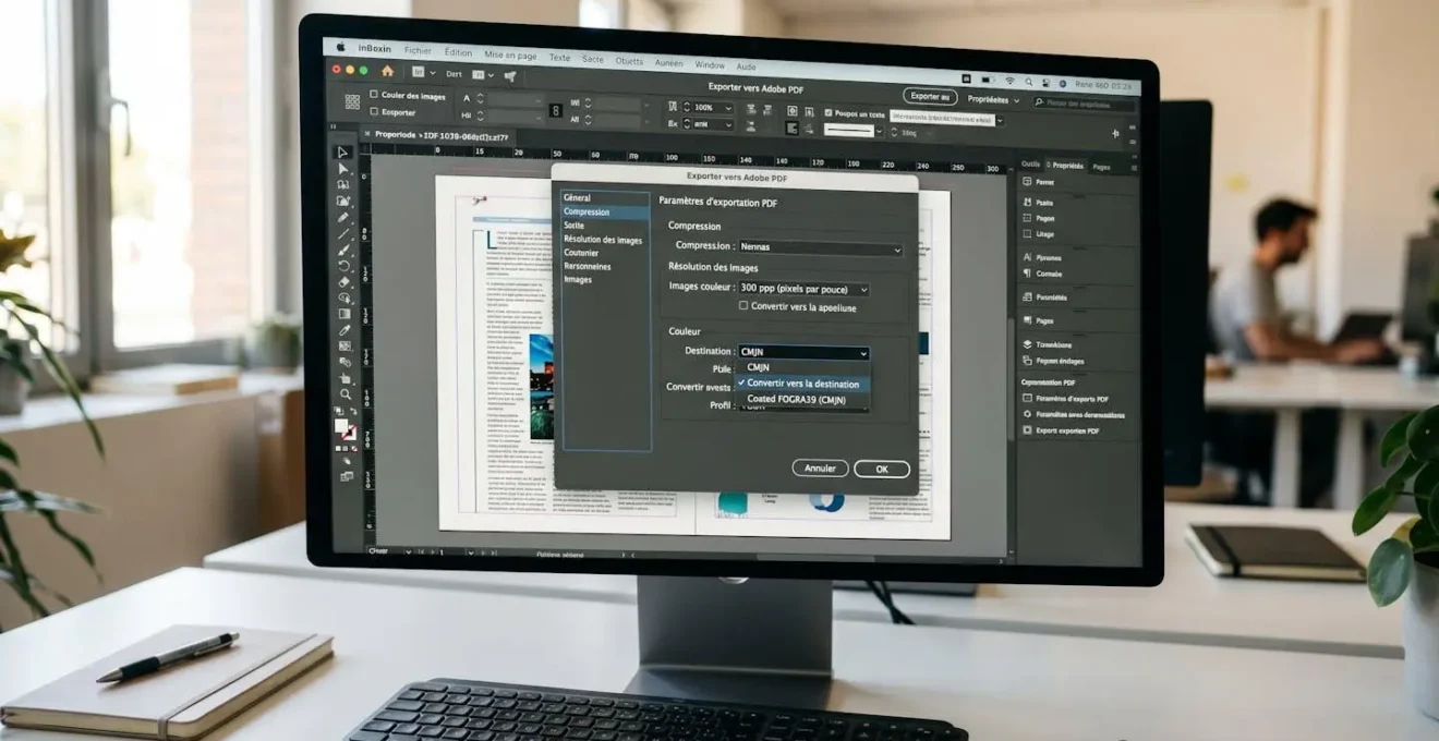 Gros plan sur un écran d'ordinateur affichant l'interface d'un logiciel de création graphique avec les paramètres d'export PDF visibles, focus sur les réglages de résolution 300 dpi et mode CMJN