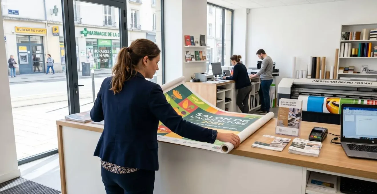 Professionnel vu de dos récupérant des documents imprimés au comptoir d'une agence d'impression moderne, vérifiant la qualité d'un roll-up déplié