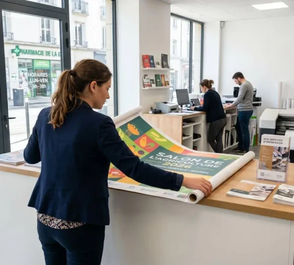 Professionnel vu de dos récupérant des documents imprimés au comptoir d'une agence d'impression moderne, vérifiant la qualité d'un roll-up déplié
