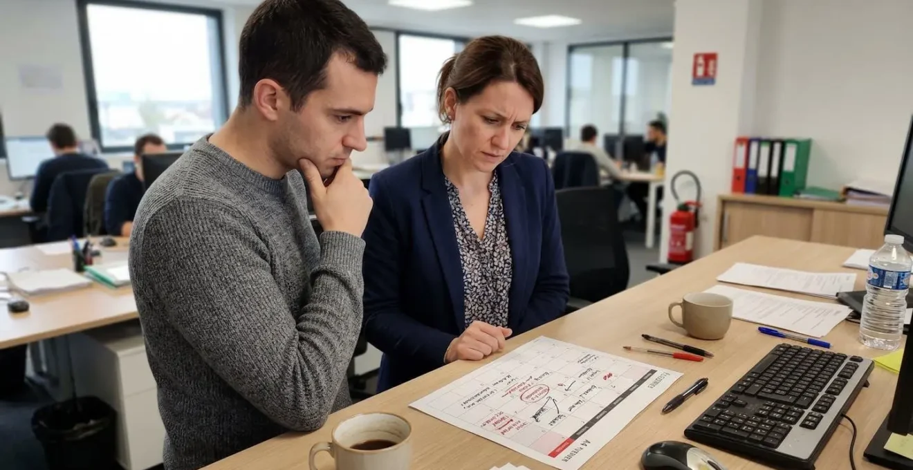 Deux professionnels assis côte à côte dans un bureau moderne consultant un planning sur tablette numérique, gestes de pointage vers des dates précises